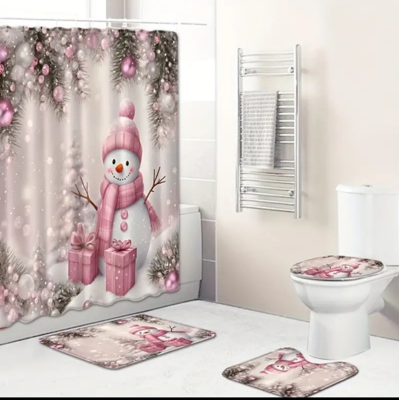 4pc Pink Snowman Shower Curtain & Bathroom Rugs Set |Christmas Holiday Decor NEW - Picture 1 of 11